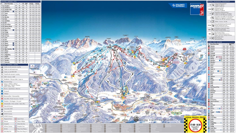 De pistekaart van het skigebied Kronplatz.
